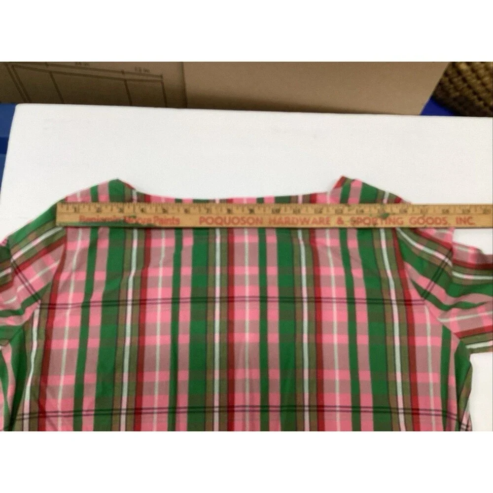 j crew tie waist poplin shirt dress sz 6 stretch cotton pink/green plaid